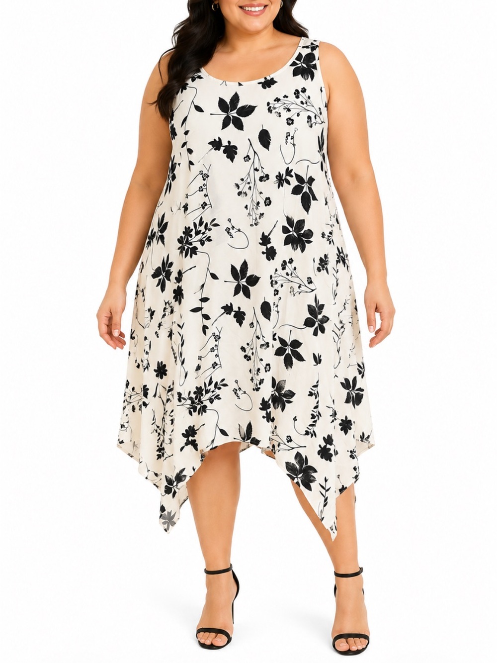 Plus Size black white floral double spaghetti strap handkerchief hem dress 5XL